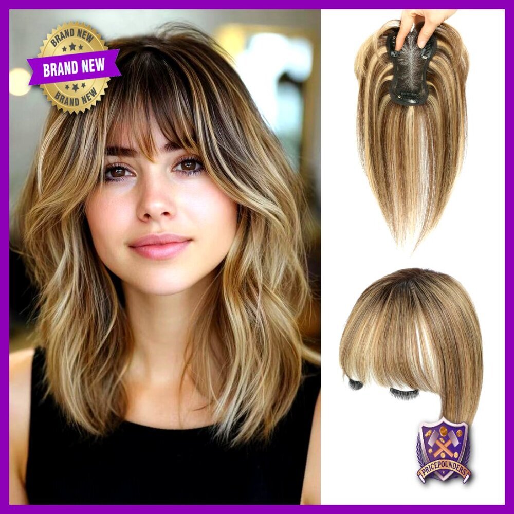 Human Hair Topper with Bangs Swiss Lace Base for Thinning Hair Volume Boost